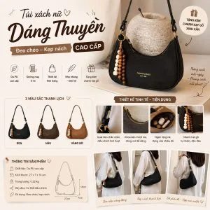 ✨ TÚI XÁCH NỮ W855 – DÁNG THUYỀN THANH LỊCH, 2 KIỂU ĐEO, KÈM CHARM XINH XẮN